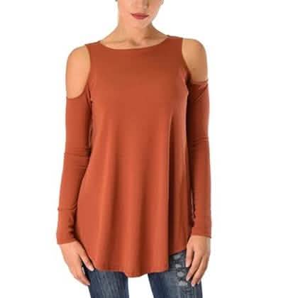 Women's Ribbed Cold-Shoulder Long-Sleeve Top - Assorted Sizes - M Rust